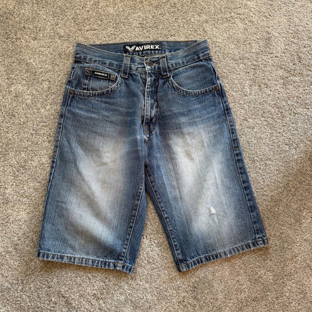 Avirex Mens Blue Denim Shorts Baggy Jorts Medium Wash Distressed Size 30 Waist